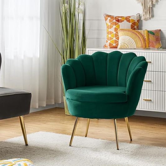 HULALA HOME Modern Velvet Accent Chair with Shell Shaped Back, Cute Living Room Bedroom Armchair with Gold Legs, Comfy Upholstered Vanity Chair for Makeup Room, Green