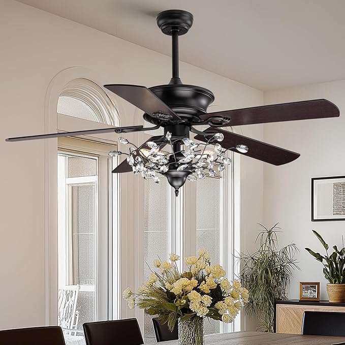 50" Reversible Crystal Ceiling Fan with Lights, Black Vintage Chandelier Fan with Remote Control, 6-Speed Adjustable & Quiet Motor – Fandelier for Bedroom, Living Room, Dining Room