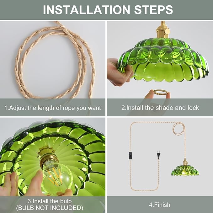 1 Pack Plug in Pendant Light with Lotus Green Glass Lampshade, Brass Vintage Pendant Light, Adjustable Hanging Light, for Kitchen Island Dining Room Hallway, E26 Socket (Bulbs Not Included)