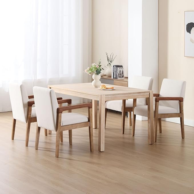 Mid Century Modern Dining Chairs Set of 4 Linen Fabric Upholstered Kitchen Chairs Comfy Accent Side Chairs with Solid Wood Frame Armchair for Living Room, Ivory