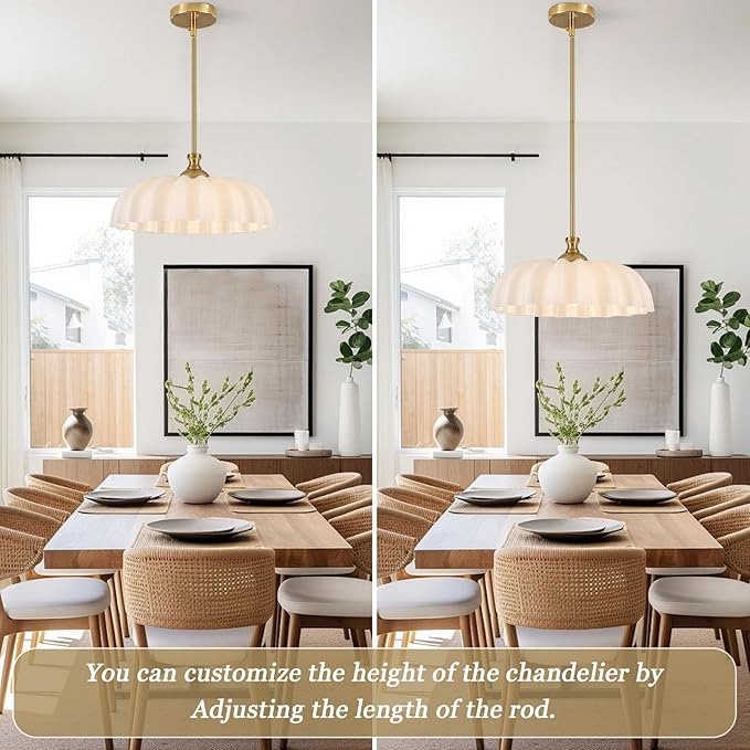 15.7" Vintage Flower Gold Chandelier - Adjustable Height White Milk Glass Shades Pendant Light Fixture for Kitchen Island, Dining Room, Bedroom