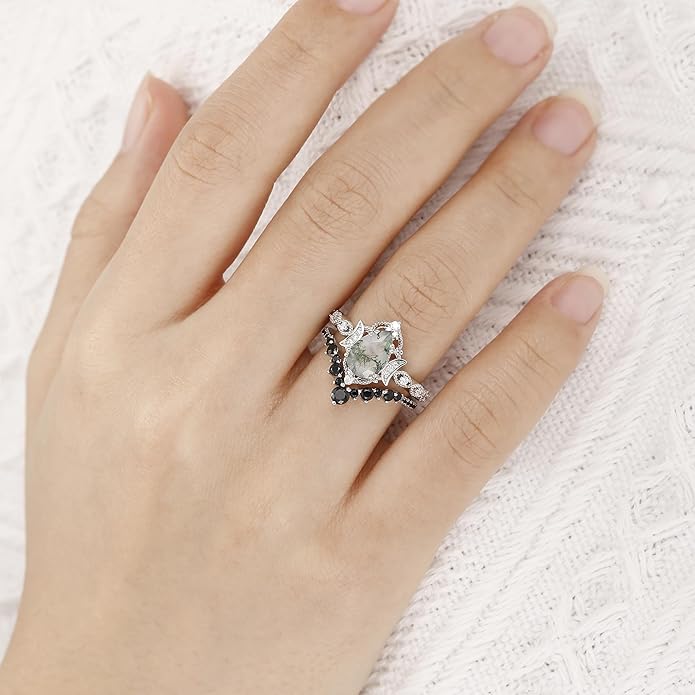 Black Gold Plated Natural Moss Agate Bridal Wedding Ring Sets for Women, 925 Sterling Silver Gothic Vintage Promise Rings and Eternity Black Spinel Band for Her - Boho Art Deco Platinum Plated Engagement Rings Size 4-9