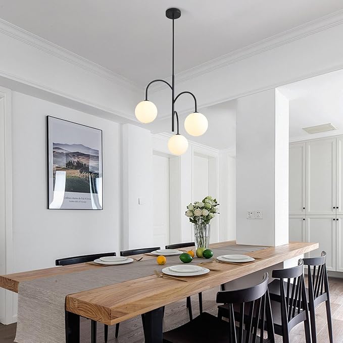 Mid Century Modern 3-Light Milk Glass Chandelier Black Globe Pendant Lights Kitchen Island White Frosted Glass Chandelier Farmhouse Vintage Dining Room Light Fixtures