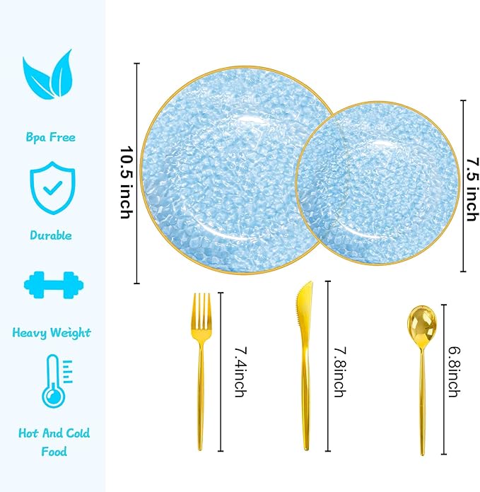 Rubtlamp 150Pcs Blue Christmas Plastic Plates, Gold Plastic Dinnerware Set For 30 Guest, Hammered Heavy Duty Plates with Gold Rim Include 30Dinner Platos, 30Salad Platos,90 Cutlery For Christmas