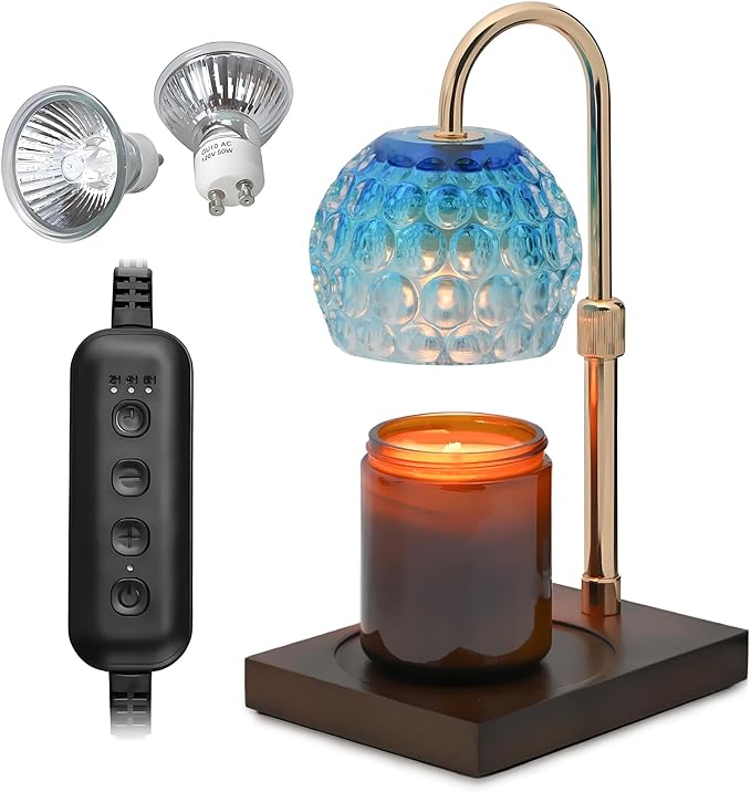 Candle Warmer Lamp Timer - Christmas Gifts for Women Mom, House Warming Gifts New Home Decor Modern Farmhouse Decor, Glass Candle Warmer Wax Melt with 2 Bulbs Blue