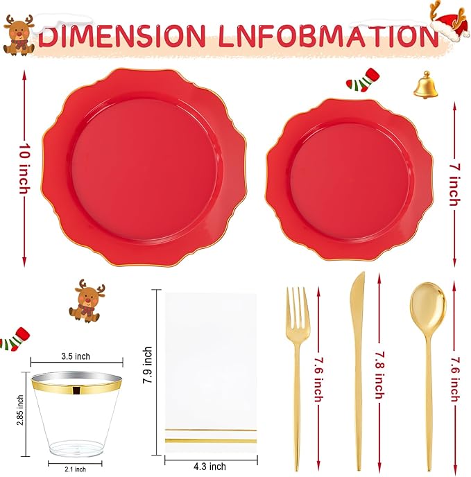 WDF 175Pcs Red Plates - Red Plastic Plates with Gold Rim - Fancy Disposable Dinnerware Sets Ideal for Party/Wedding/Christmas