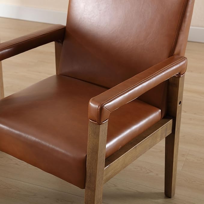 Mid Century Modern Dining Chairs Set of 2 Faux Leather Upholstered Accent Chairs Comfy Kitchen Chairs with Solid Wood Frame Armchair for Living Room, Brown