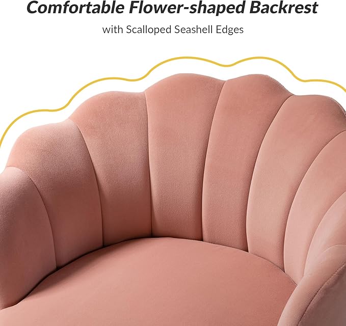 HULALA HOME Modern Velvet Accent Chairs Set of 2 with Shell Shaped Back, Cute Living Room Bedroom Armchairs with Gold Legs, Comfy Upholstered Vanity Chairs for Makeup Room, Pink