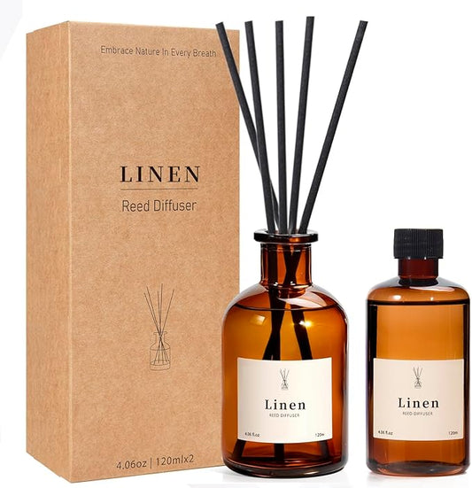 Reed Diffuser Set, 8.12 fl.oz Linen Scented Oil Diffuser, Home Fragrance Reed Diffusers for Bathroom Shelf Decor & Air Fresheners - Includes Reed Diffuser Sticks, 2 Pack Fragrance Oil & Glass Bottle