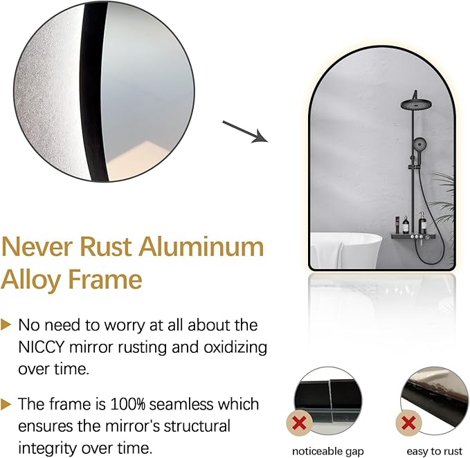 Niccy Arched LED Lighted Bathroom Mirror, 36x24 Inch Backlit Vanity Mirror with Lights Brushed Black Framed Wall Mounted Mirrors with Dimmable 3 Color Shatterproof Arch Smart Fog Free Mirror