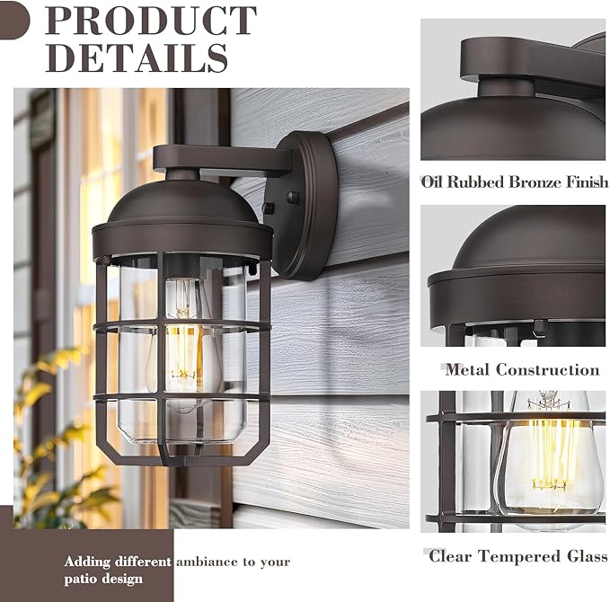 Emliviar 2 Packs Outdoor Wall Lamps, Patio Wall Lighting Waterproof with Clear Tempered Glass, Vintage Exterior Lights in Oil Rubbed Bronze Finish, GE255BL-2PK ORB