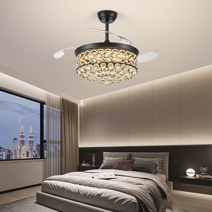 Crystal Fandelier Ceiling Fan with Light, 42" Retractable Ceiling Fans Chandelier Fan with Retractable Blades LED Dimmable Crystal Ceiling Fan Chandelier Fans for Bedroom Living Room etc-Black