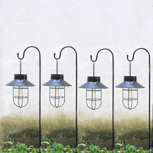 Solar Lanterns Outdoor Waterproof,4pack Hanging Solar Lights Lantern Lamp with Shepherd Hook, Metal Waterproof Edison Bulb Lights for Garden Outdoor Pathway