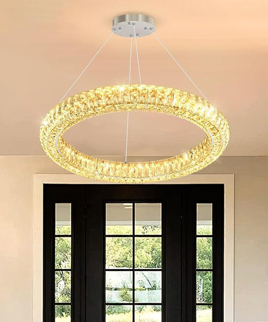 1 Ring Modern Crystal Chandelier Dimmable Ring Pendant Light Round Crystal Chandeliers for Living Room Dining Room Bedroom 23.6'' Silver