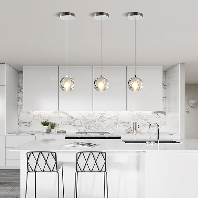 1-Light Chrome Pendant Light Kitchen Island, Multi-facted Small Crystal Pendant Light Fixture, Adjustable Hanging Pendant Lighting for Dining Room Bathroom Vanity