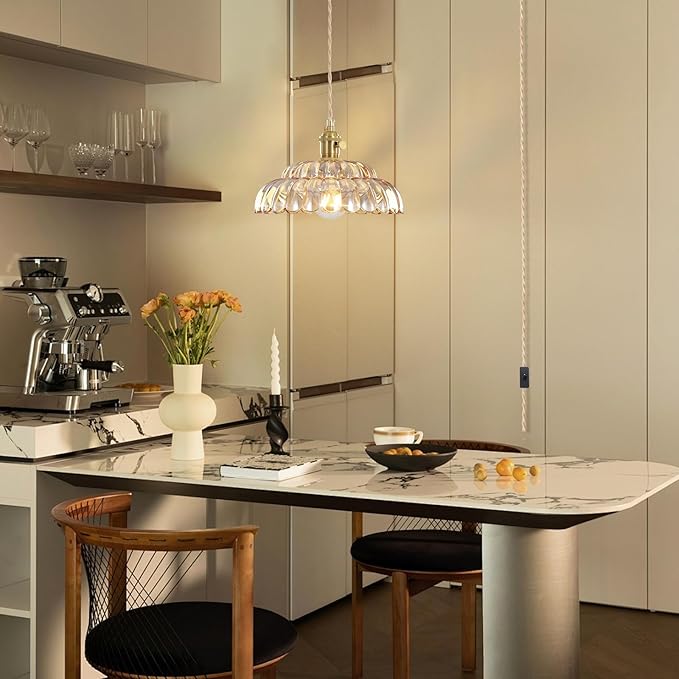 1-Light Plug in Pendant Light with Lotus Amber Shade, Brass Pendant Lighting, Industrial Ceiling Hanging Light, for Kitchen Island Entryway Dining Room Hallway, E26 Socket (Bulbs Not Included)