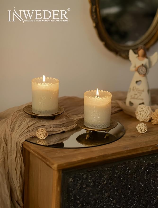 Cast Iron Candle Holder: 4.6 in Pillar Gold Candle Plate Brass Pedestal Stand Vintage Decorative Tray for 3 Wick Jar Candles Tealight Votive for Table Home Christmas Set of 2