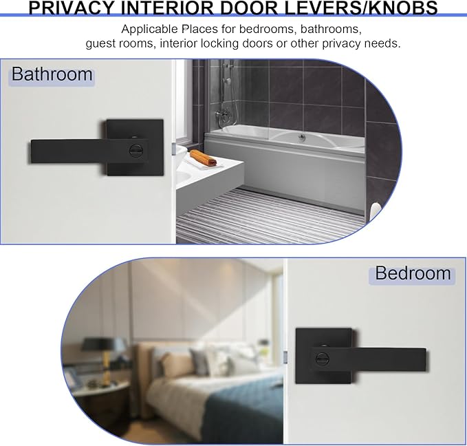 Privacy Interior Door Lever, 2 Pack Heavy Duty Matte Black Door Handles Square Door Knobs for Bedroom & Bathroom Keyless Door Lock Handles for Right & Left Sided Doors