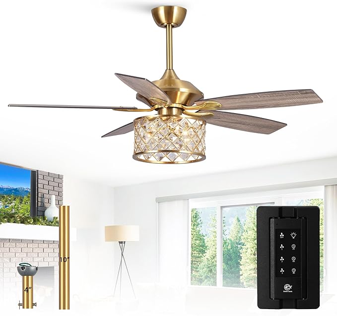 Gold Ceiling Fans with Lights and Remote, 52 Inch Modern Crystal Chandelier Ceiling Fan for Bedroom Living Room, Brass Ceiling Fans Lighting, Ventilador de Techo, Reversible 5-Blade, 3 Speeds