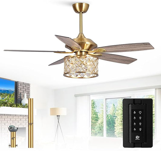 Gold Ceiling Fans with Lights and Remote, 52 Inch Modern Crystal Chandelier Ceiling Fan for Bedroom Living Room, Brass Ceiling Fans Lighting, Ventilador de Techo, Reversible 5-Blade, 3 Speeds