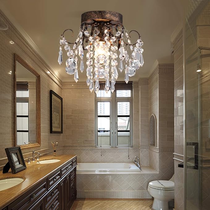 Q&S Small Crystal Ceiling Light Fixture Flush Mount,Black Ceiling Lights Modern Chandelier,Bedroom Hallway Closet Light Fixture,Dia9.5 1 Light.