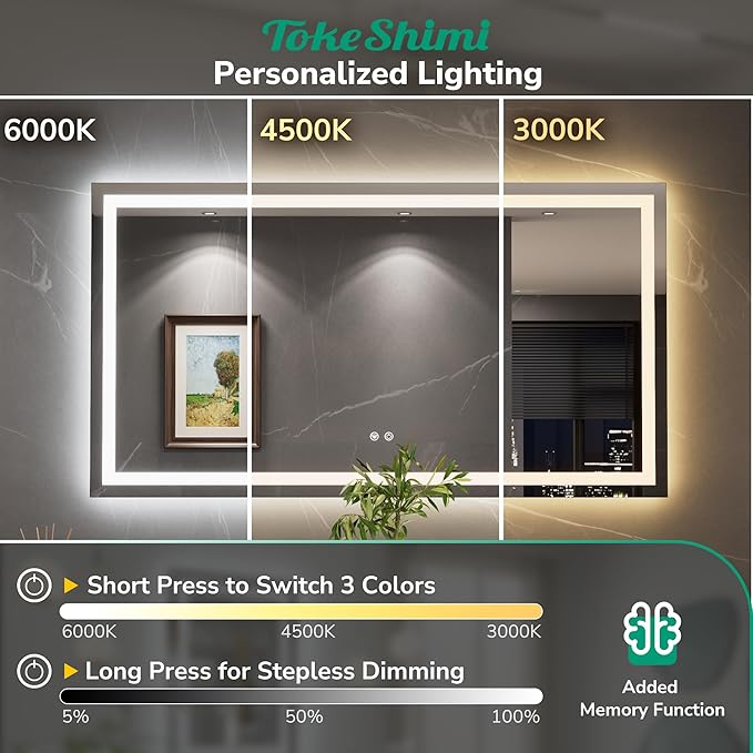 TokeShimi 42x36 LED Mirror for Bathroom,Front Lit + Backlit Light Up Bathroom Mirror,Anti-Fog Lighted Mirrors,Dimmable 3 Colors,Memory Function,Tempered Glass,Waterproof,UL Listed