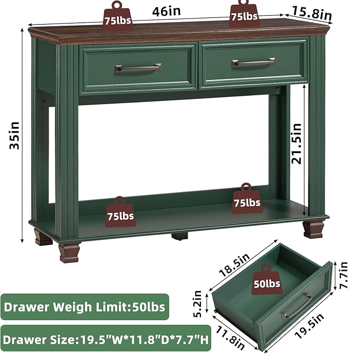 Farmhouse 46" Console Table with 2 Drawers, Rustic Wood 2 Tier Entryway Table with Open Storage Shelf for Entry, Large Mid-Century Vintage Sofa Tables Behind Couch for Living Room, Green