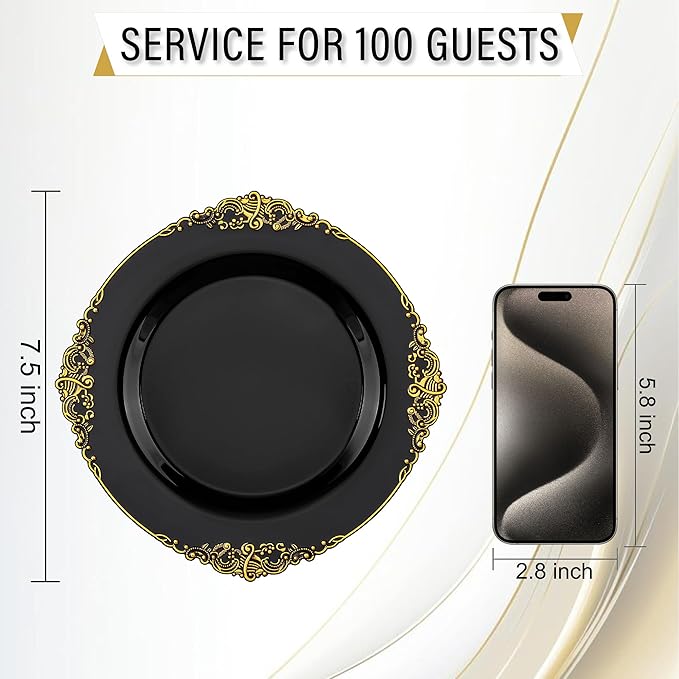 Nervure 100PCS Black Gold Plastic Plates - 7.5 inch Black Plastic Plates with Gold Rim - Disposable Dessert Plates for Wedding & Party & New Year