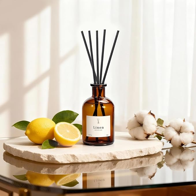 Reed Diffuser Set, 8.12 fl.oz Linen Scented Oil Diffuser, Home Fragrance Reed Diffusers for Bathroom Shelf Decor & Air Fresheners - Includes Reed Diffuser Sticks, 2 Pack Fragrance Oil & Glass Bottle
