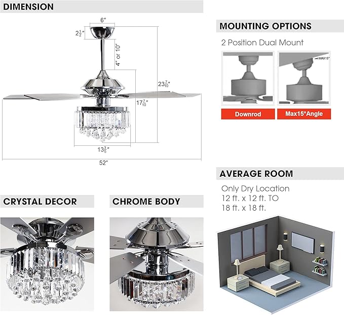 Parrot Uncle Ceiling Fans with Lights and Remote 52 Inch Ceiling Fan with Light for Bedroom Crystal Chandelier Ceiling Fans, Reversible Motor, Timer, Chrome
