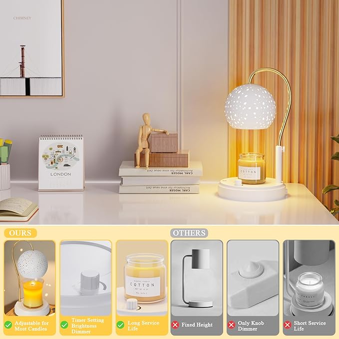 Candle Warmer Lamp with Timer, Candle Warmer Lamp Adjustable Height with 2 Bulbs, Dimmable Electric Candle Warming Lamp for Scented Jar Candles, White