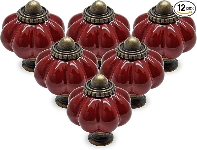12pcs Rust Red Vintage Ceramic Cabinet Knobs, Dresser Handles with Mounting Screws