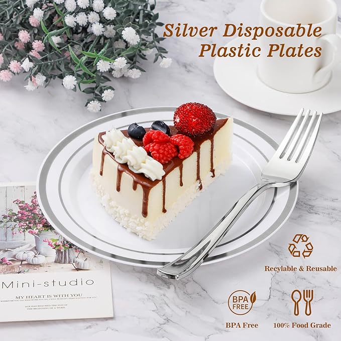 BESTVIP 50PCS Silver Plastic Plates, 10.25 Inch Disposable Dinner Plate Party with Silver Rim, Heavy Duty Disposable Plastic Plates for Christmas, Thanksgiving, Party, Wedding and Birthday
