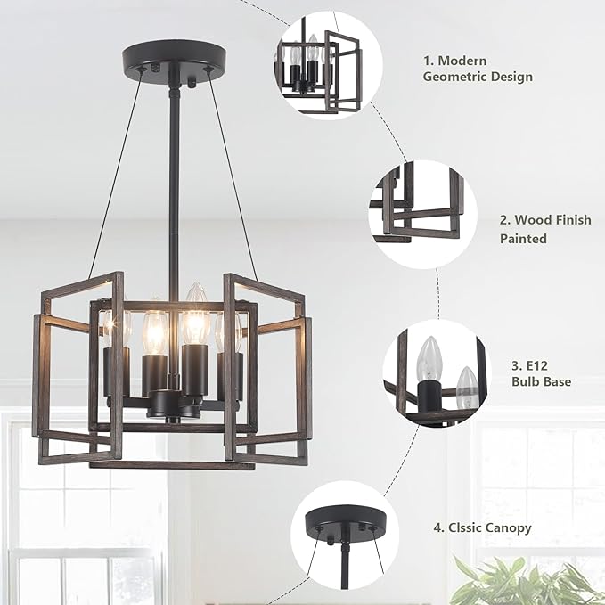 Small Farmhouse Chandelier,4-E12 Base Light Fixture,Imitation Wood Grain Chandeliers for Dining Room,Pendant Light Fixtures for Kitchen/Foyer/Living Room/Entryway/Hallway/Bedroom
