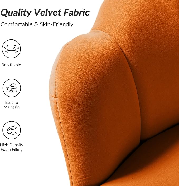 HULALA HOME Modern Velvet Accent Chairs Set of 2 with Shell Shaped Back, Cute Living Room Bedroom Armchairs with Gold Legs, Comfy Upholstered Vanity Chairs for Makeup Room, Orange
