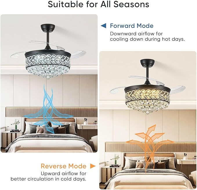 Crystal Fandelier Ceiling Fan with Light, 42" Retractable Ceiling Fans Chandelier Fan with Retractable Blades LED Dimmable Crystal Ceiling Fan Chandelier Fans for Bedroom Living Room etc-Black