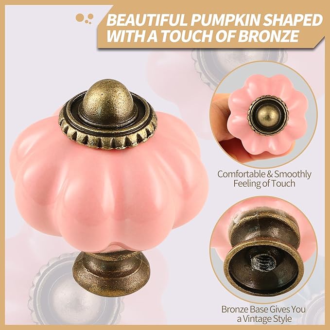Pink Pumpkin Knobs 6 Pack Ceramic Cabinet Knobs Vintage Drawer Pulls - Antique Dresser Pulls with Screws for Closet Drawer Cupboard Cabinet and DIY Home Project