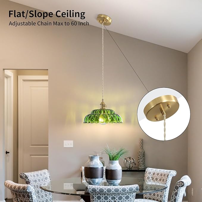 1 Pack Pendant Light with Lotus Green Glass Lampshade, Brass Vintage Pendant Light, Adjustable Hanging Light, for Kitchen Island Dining Room Hallway, E26 Socket (Bulbs Not Included)