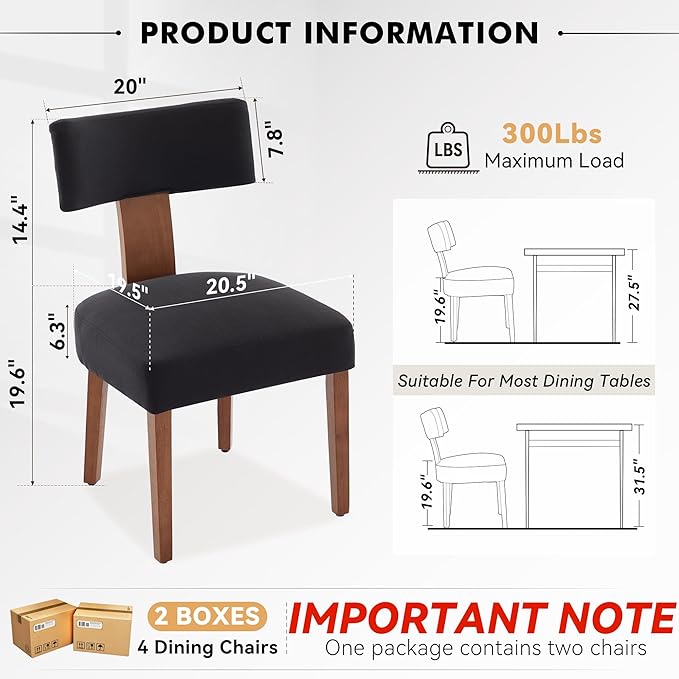 FOXHUNTER Upholstered Dining Chairs Set of 4, Modern Wooden Armless Kitchen Chairs with Curved Backrest, Mid-Century Farmhouse Dining Side Chairs, Linen Black