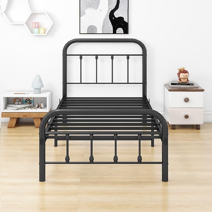 DUMEE Metal Twin Bed Frame with Vintage Headboard and Footboard Sturdy Premium Steel Slat Support No Box Spring Needed, Textured Black