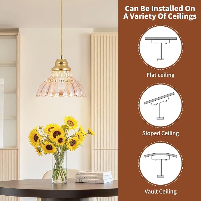 Vintage Pendant Lights Kitchen Island,Gold Pendant Light with Amber Glass Lmapshade,Adjustable Hanging Light Fixture for Dining Room,Mini Chandeliers for Kitchen,Bedroom,Bathroom,Hallway