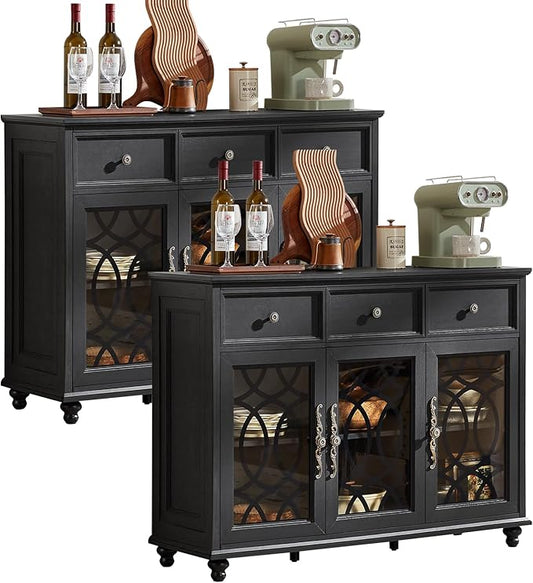 Farmhouse Sideboard Buffet Cabinet Set of 2 with Storage,48" Large Credenza with 3 Glass Doors & 3 Drawers,Adjustable Shelves Console Table,Wood Kitchen Coffee Bar for Dining Room,Black
