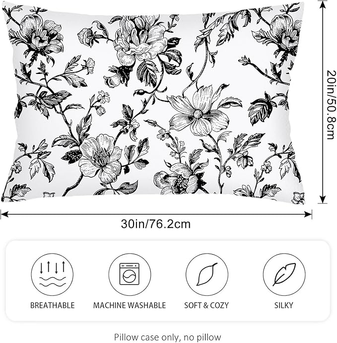 Black and White Porcelain Floral Pillow Cover Queen Size Set of 2 Vintage Flowers Lumbar Pillow Case Standard Pillowcase with Zipper Chinoiserie Decorative Pillows Covers for Bedroom,Couch,20"x30"