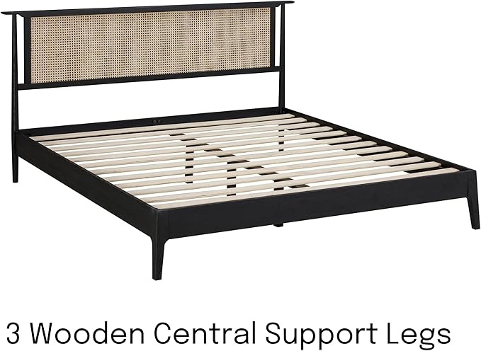 NTC Ruby Wooden Bed Frame with Headboard and Natural Rattan, Solid Oak Foundation with Silent Slats, 1000 Lb Capacity, Effortless Assembly, Queen - Burnt Black