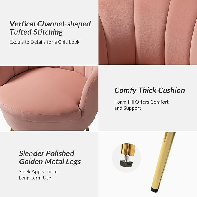 HULALA HOME Modern Velvet Accent Chairs Set of 2 with Shell Shaped Back, Cute Living Room Bedroom Armchairs with Gold Legs, Comfy Upholstered Vanity Chairs for Makeup Room, Pink