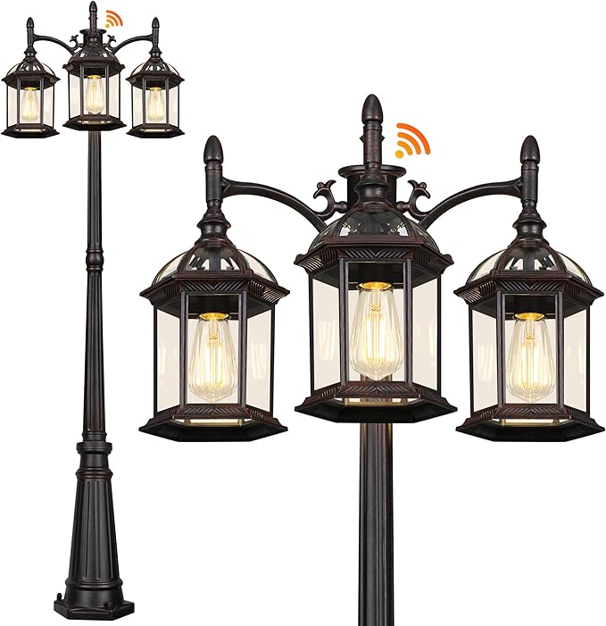 Dusk to Dawn Outdoor Lamp Post Light with 3 LED Bulbs, Triple Head Aluminum Street Light Post for Outside with Sensor, Waterproof Birdcage Pole Lighting Fixture for Backyard Garden Patio Bronze