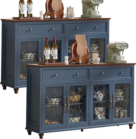 Large Sideboard Buffet Cabinet Set of 2 with Storage,59" Credenza with 4 Glass Doors & 2 Drawers,Adjustable Shelves Coffee Bar,Wood Kitchen Console Table for Dining Room,Blue