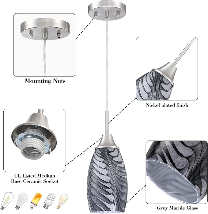 1-Pack Mini Glass Pendant Light 4.72" with Handblown Black Gray Marble Art Glass Hanging Light Oval Ceiling Hanging Light Fixture for Dining Room Kitchen Island Cafe Foyer Hallway