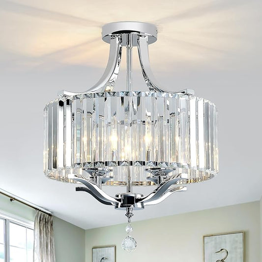Modern Crystal Chandelier 4 Lights Chrome Semi Flush Mount Ceiling Light Fixture E12 Farmhouse Chandelier for Bedroom Dining Room Entryway Hallway Kitchen