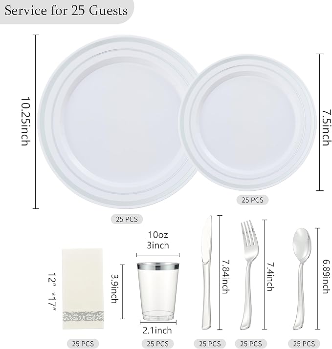 175 PCS Silver Dinnerware Set for 25 Guests, Silver Rimmed Heavy Duty Plastic Disposable Plates for Party Wedding with 25 Dinner Plates,Dessert Plates, Silverware Set, Cups, Napkins